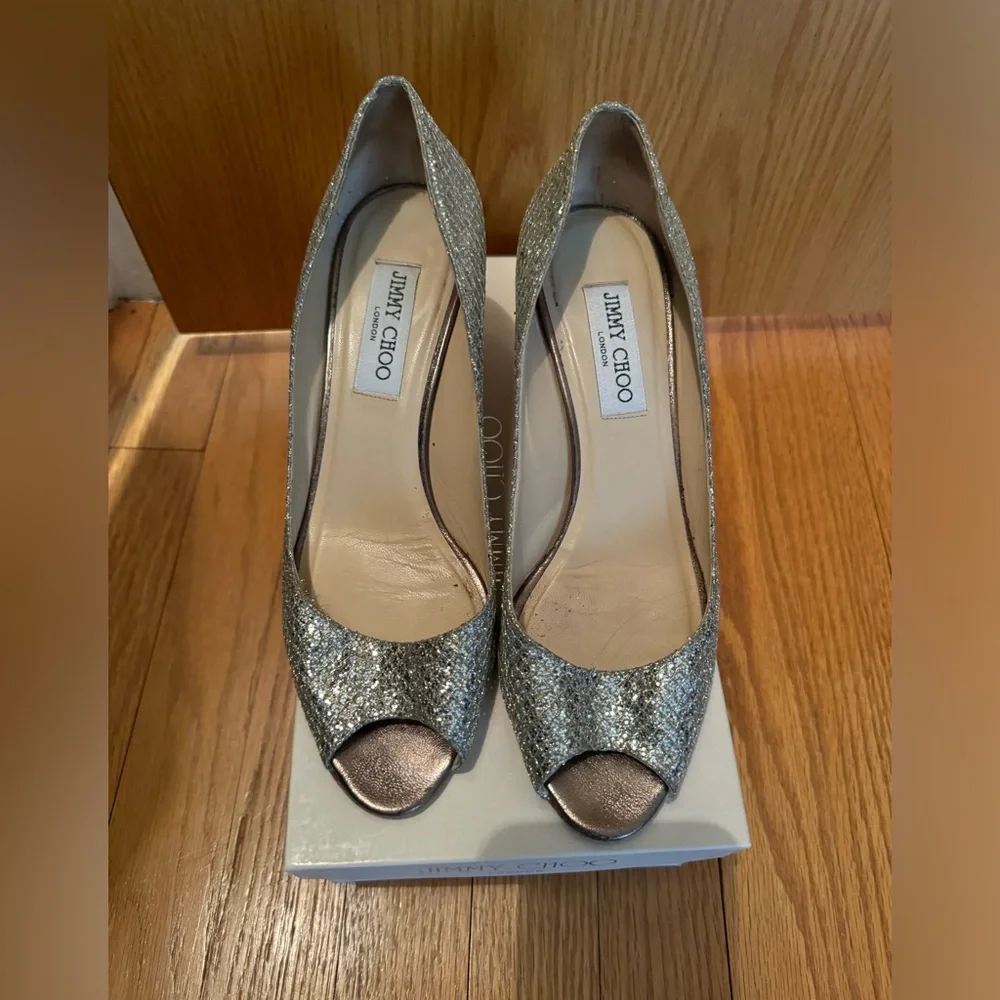 Jimmy Choo Silver Isabel Peep Toe Heels - Picture 5 of 7